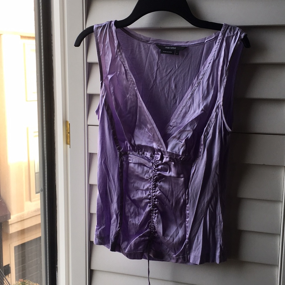 Purple silk sleeveless v neck drawstring front top